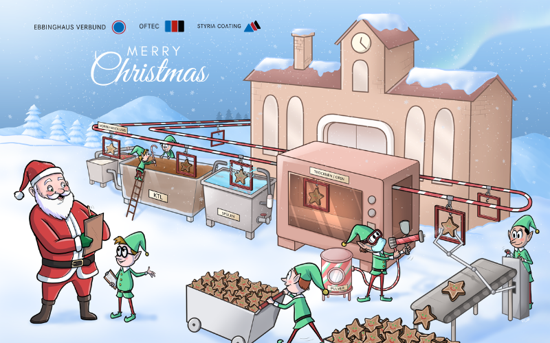 Illustration einer winterlichen Ebbinghaus-Weihnachtsfabrik: Weihnachtsmann und Wichtel überwachen eine Beschichtungsanlage, auf der sternförmige Plätzchen wie Bauteile durch KTL-, Zink- und Pulverlackstationen laufen, darüber die Logos von Ebbinghaus Verbund, OFTEC und Styria Coating mit dem Schriftzug „Merry Christmas“