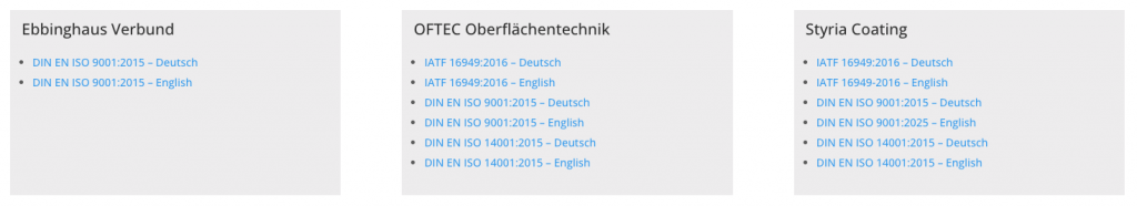 Zertifikate für Ebbinghaus OFTEC und Styria