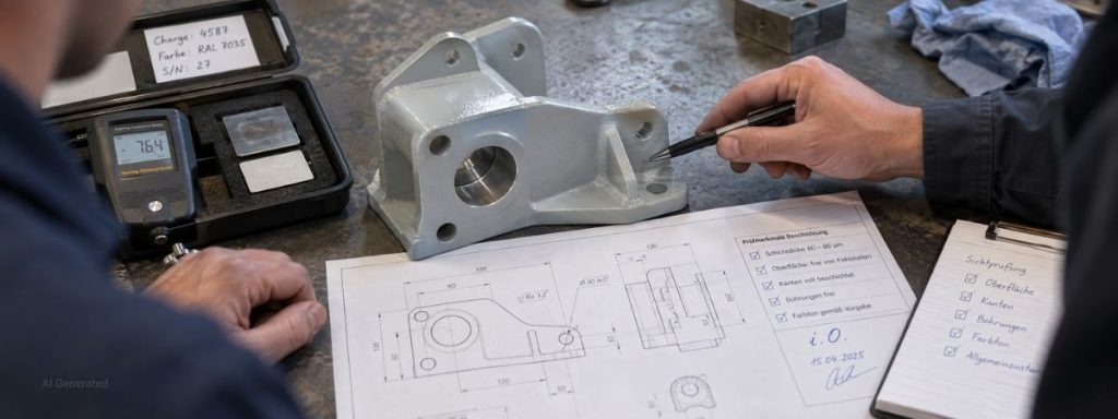 Prüfanforderungen an einem beschichteten Bauteil mit technischer Zeichnung