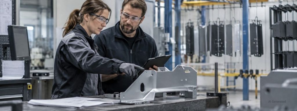 Mitarbeitende besprechen Qualitätsanforderungen an einem beschichteten Bauteil