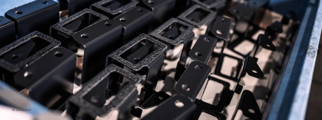 Schwarz beschichtete Metallbauteile in passgenauen Schaumstoffeinlagen zur Verpackung