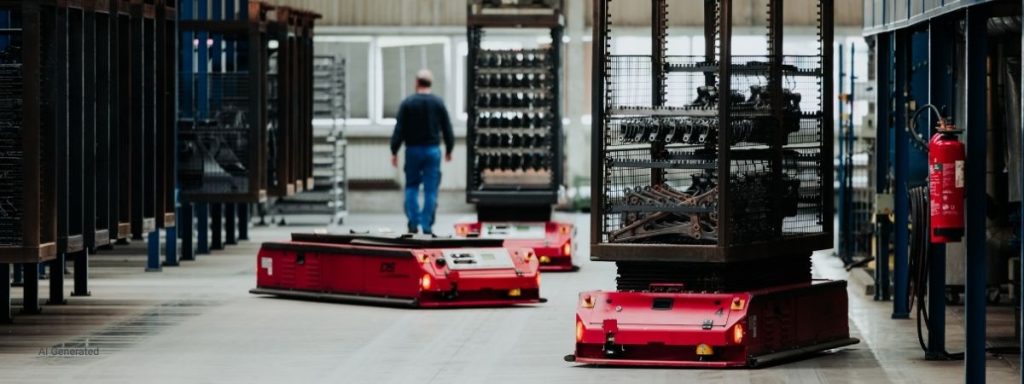 Fahrerlose Transportfahrzeuge mit Bauteilgestellen in einer industriellen Beschichtungsanlage