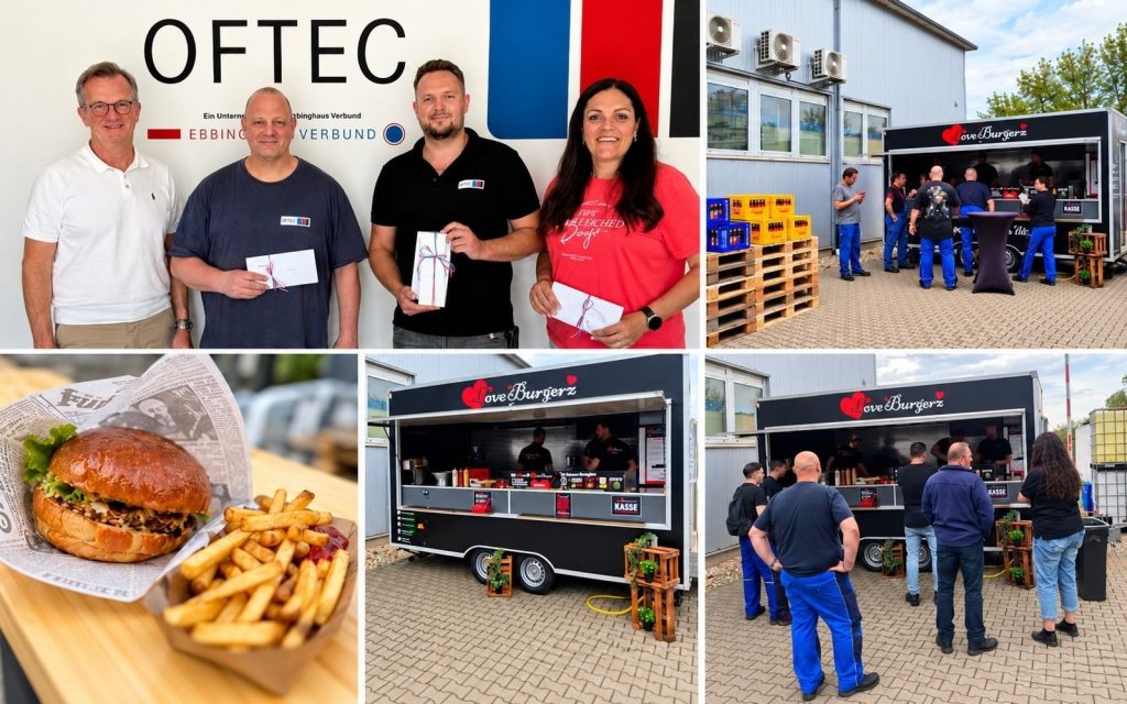 Bildercollage zum WM-Tippspiel 2026 bei OFTEC in Hagenbach: Gewinner der Preisverleihung, Mitarbeitende am LoveBurgerz-Foodtruck sowie Burger und Pommes.